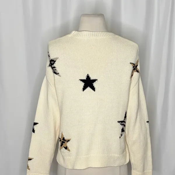RAILS Perci Animal Star Sweater Ivory Black Camel Cotton Blend Knit X-Small - Image 10