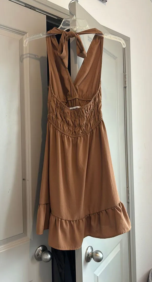 Halter Neck Ruffle Dress Brown Size XS - Image 2