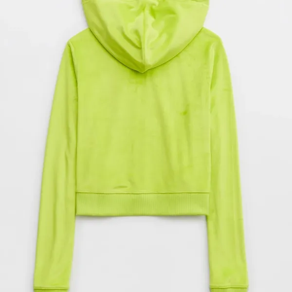 Aerie Real Good Neon Lime Green Velour Cropped Zip Up Hoodie Medium - Image 10
