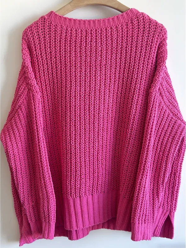 American Eagle Oversized Chenille Crewneck Sweater Hot Pink Chunky Knit Size M - Image 6
