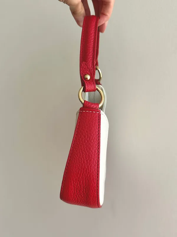 Micro Italian Leather Handbag / Crossbody Bag, Red/White, Mini Halfmoon - Image 4