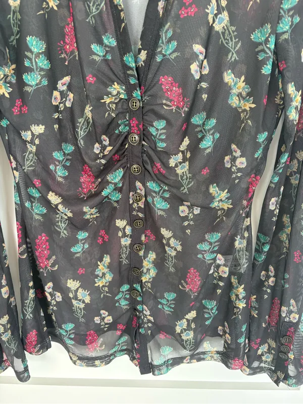 Natural Life Carina Mesh Top Floral Sheer Ruched Button Front Boho Whimsigoth-L - Image 3
