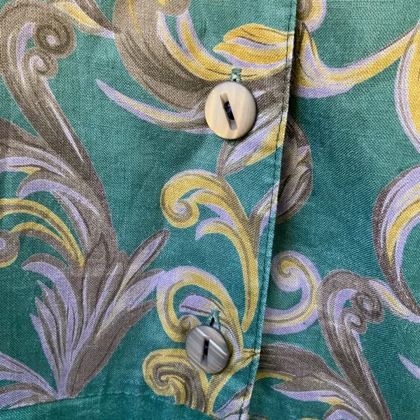 Vintage 80s Dress Linen Dress Green Pencil Skirt Floral‎ Short Sleeves Button-Up - Image 9