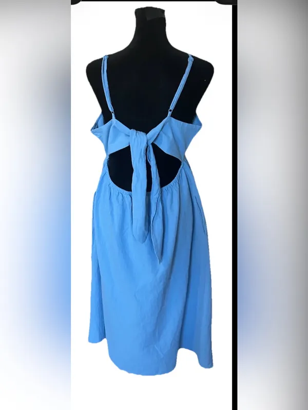 Universal Thread Women's Blue Chambray Cotton V-Neck Open Back Tie Midi Dress L - Image 6