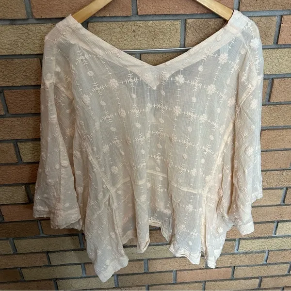 Free People Amber Skies Embroidered Floral Peach Cream Oversized Top Sheer M - Image 6