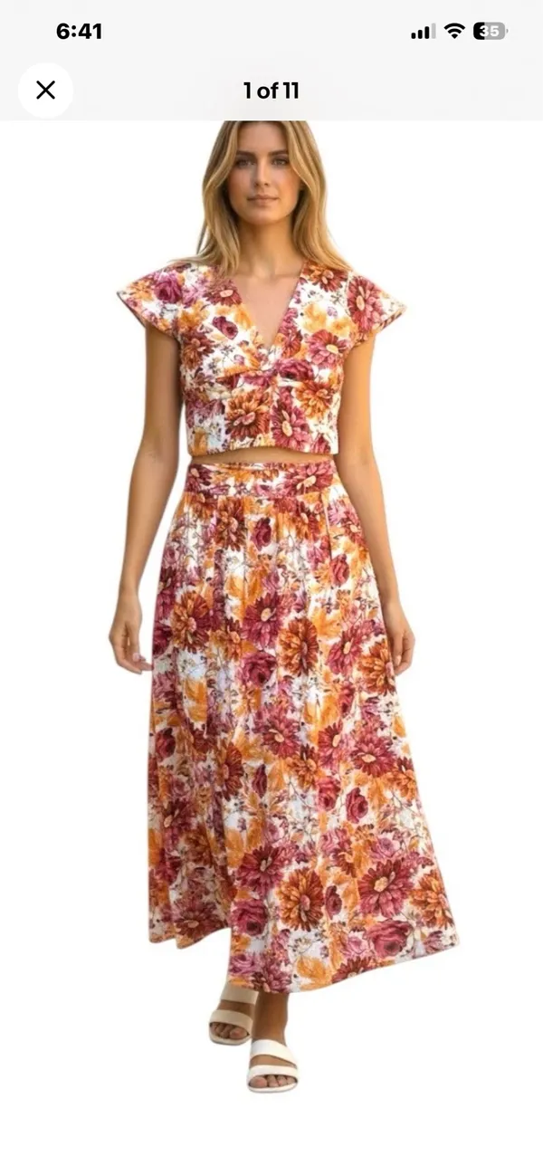 Japna Floral 2 Piece Crop Top Midi Skirt Set Women SM Boho Tropical Feminine Fun - Image 2