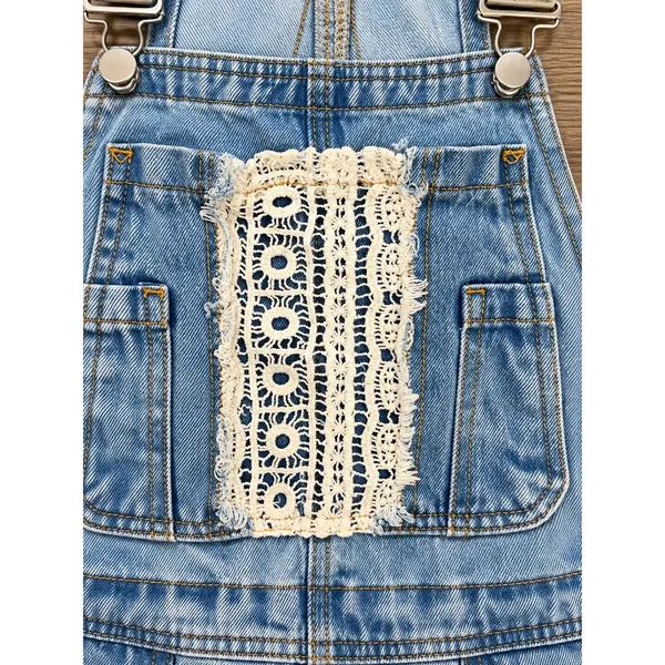 POL Light Wash Denim Overalls Size M Crochet Lace Wide Leg Boho - Image 11