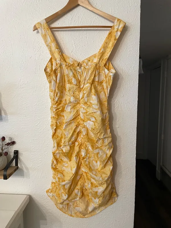NWT Anthropologie Louna Yellow Floral Print Tie-Front Ruched Mini Dress Large - Image 7