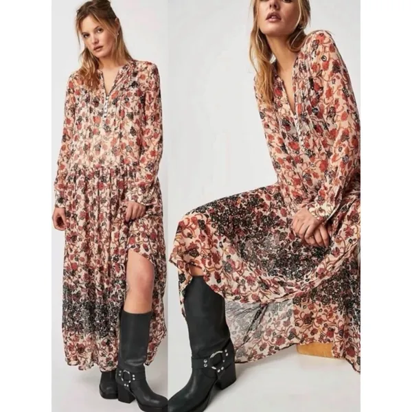 Free People Bohemian Billowy Floral See It Through Maxi Dress Tea Combo Large - Image 2