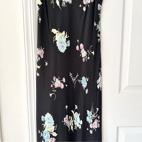 Evan Picone Black Floral 90s V Neck Flutter Sleeve Midi Sun Dress 10P Lined - Image 6