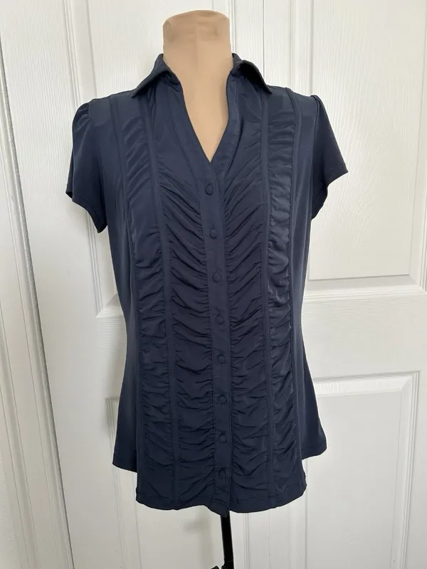 DressBarn Collared Short Sleeve Ruched Button Down Top Blue Size S - Image 2