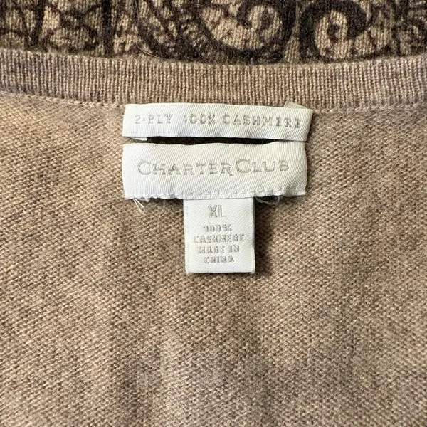 100% Cashmere Charter Club Lace Print Cardigan Sweater XL Tan Button Front Knit - Image 5