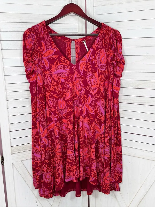 Free People Hello Lover Floral Ruched Puff Shoulder Tunic Mini Dress Red Small‎ - Image 8