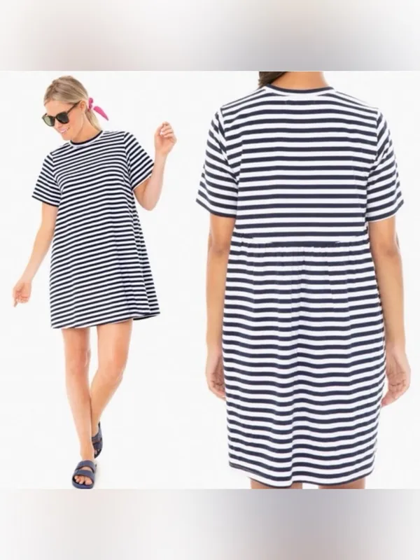 Tuckernuck Pomander Place Zoe White Navy Blue Stripe Mini T-Shirt Dress Small - Image 3