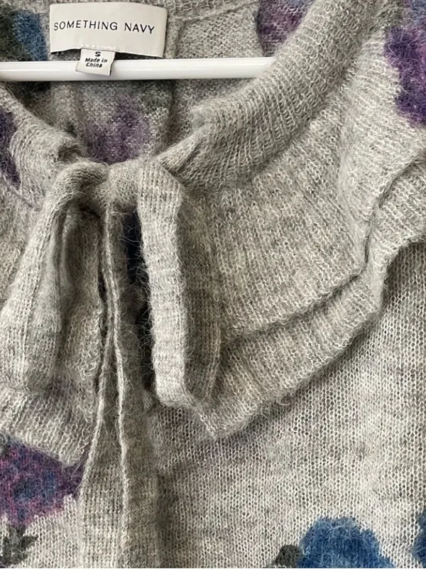 Something Navy Gray Floral Ruffle Tie-Front Sweater - Image 6