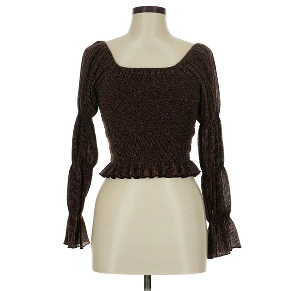 Metallic Brown Smocked Square Neck Bell Sleeve Crop Top Y2K Party Going Out Top - Image 3