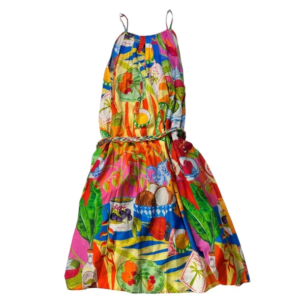 Farm Rio Summer Picnic Midi Dress Small Belted Cotton Sleeveless Tropical - Image 8