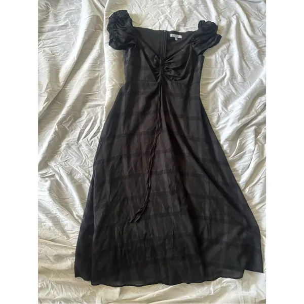 Antonio Melani Black Tonal Plaid Puff Sleeve Ruched Midi Dress Size 8 - Image 3