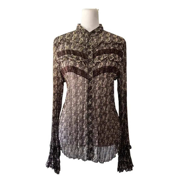 Vintage ‘00s Apt. 9 Sheer Brown Floral Print Accordion Pleat Long Sleeve Blouse - Image 2