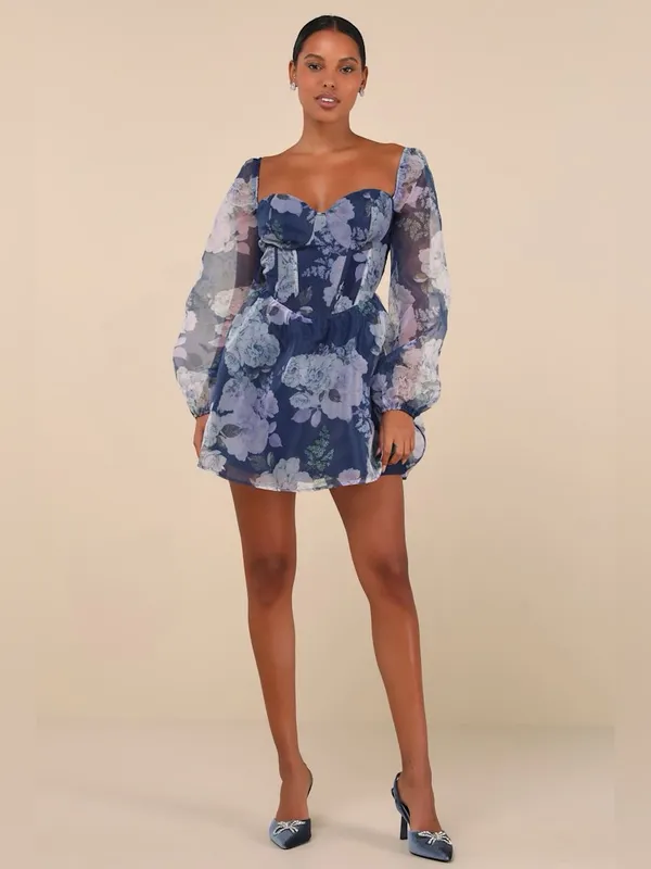 NWT Lulus | Positively Enchanting Blue Floral Organza Bustier Mini Dress, Small - Image 2