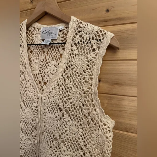 Vintage Chazzz Charles Ghailian Large Open Knit Crochet Button Front Vest Boho - Image 2