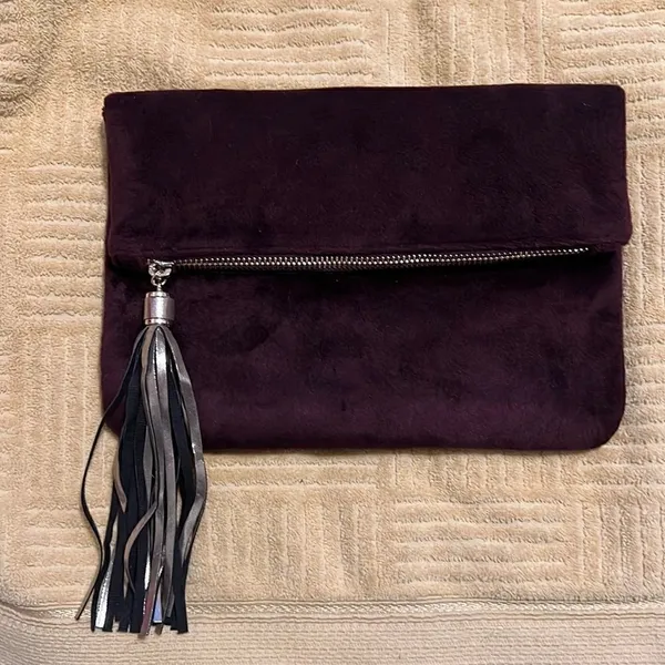 Merona brown faux fur clutch w/a tassel top zip fold over like new - Image 2