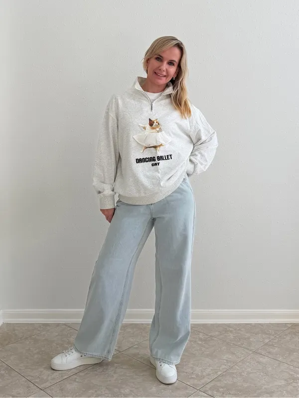 Maden Dancing Ballet Cat Half-Zip Sweatshirt Gray Size L - Image 5