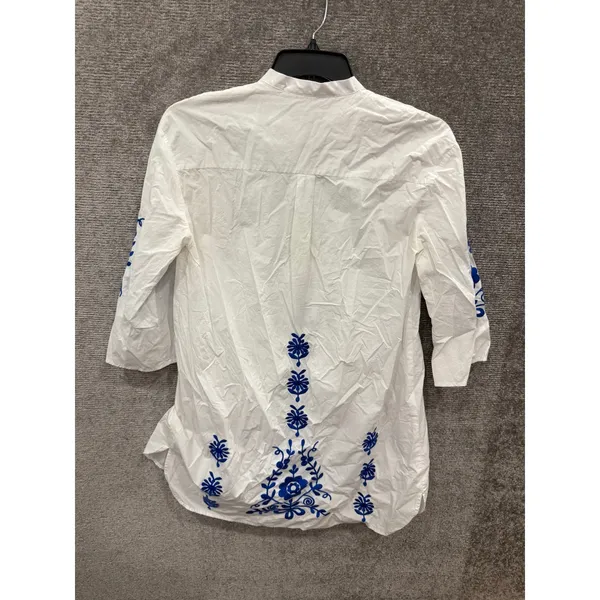 Zara Women Tunic Top XS White Blue Floral Embroidered Boho 3/4 Sleeve - Image 9
