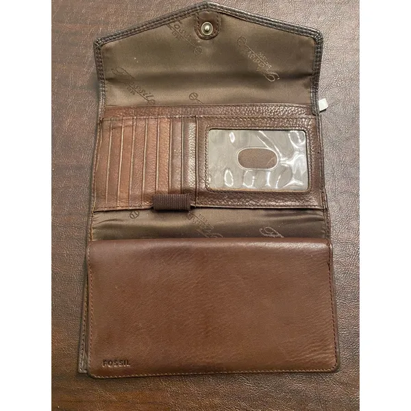 Fossil Genuine Leather Brown Checkbook Wallet Snap Flap Organizer Long Wallet - Image 4