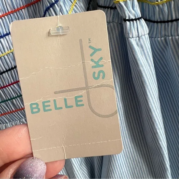 Belle + Sky Blue Off the Shoulder Peplum Top NWT Delight Blue Strip Size Small - Image 3