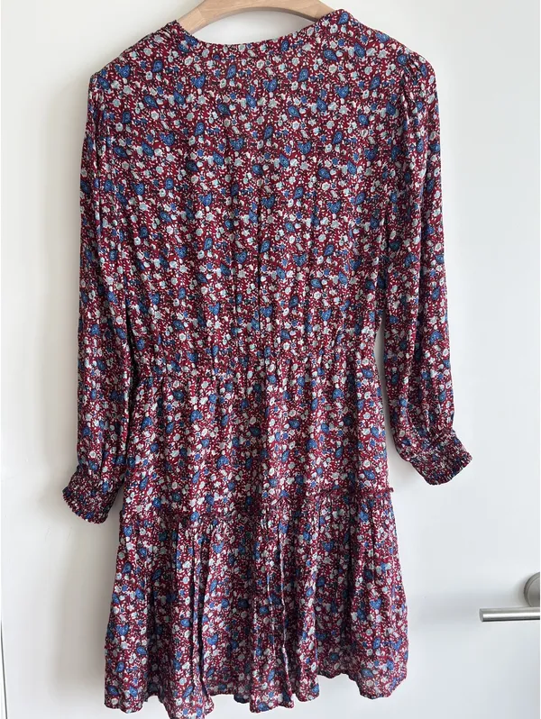 Lucky Brand Floral Mini Dress Burgundy Blue Boho Long Sleeve Size M - Image 6