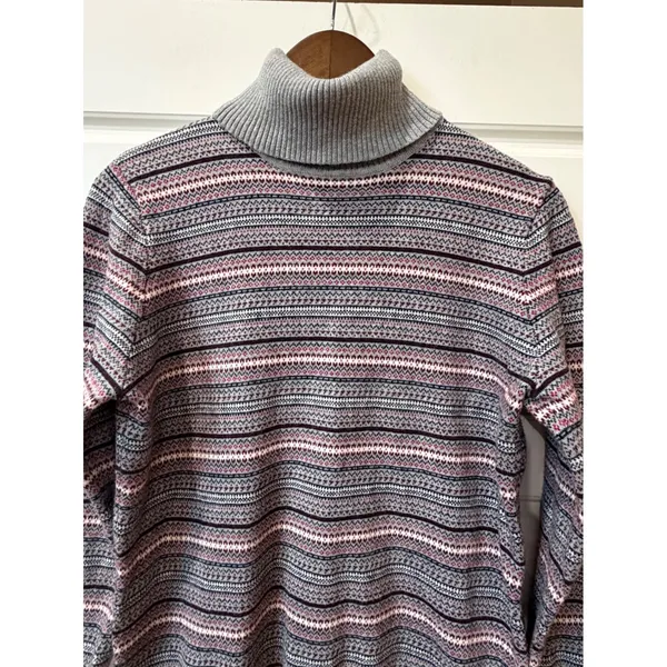 L.L.Bean Gray Fair Isle Turtleneck Sweater Cashmere Blend Large Preppy Gorpcore - Image 3