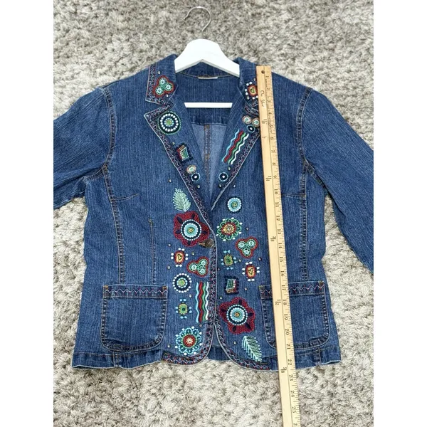 Women’s Aztec Embroidered Denim Jacket Boho Western Floral Pocket Size S - Image 10