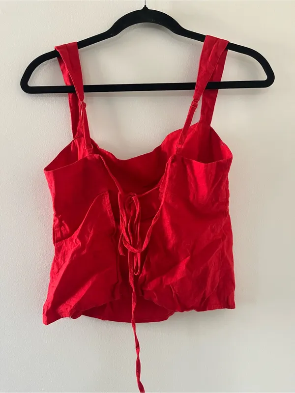 Red 100% Cotton Corset Crop Top Large Lace Up Back Euro Summer Coastal - Image 4
