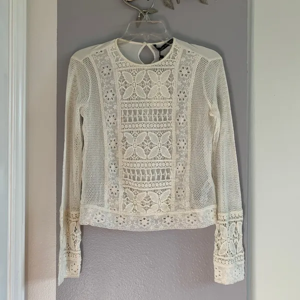 Zara White Cream Netted Long Sleeve Top - Image 2