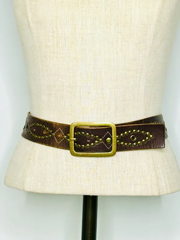 Western Brass Studded Belt, Brown Faux Leather with Studded Design - Image 2