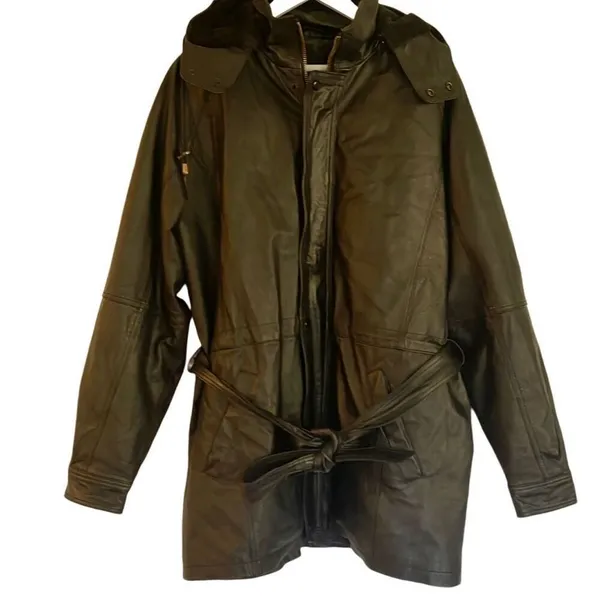 Vintage Leather black hooded faux fur lined trench jacket M - Image 12