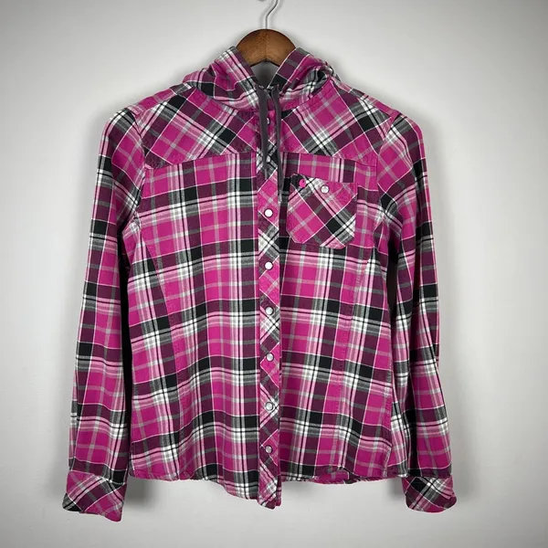 Carhartt Flannel Shirt Womens Small‎ Pink Plaid Hooded Pearl Snap Rugged Shacket - Image 8