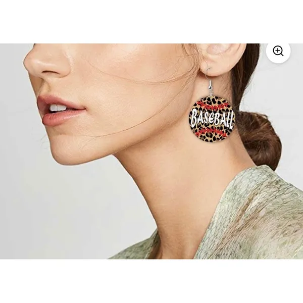 Baseball Drop Earrings Leopard Print Sporty Game Day Jewelry Faux Leather Dangle - Image 2