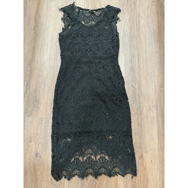 Free‎ People Black Lace Slip Peekaboo Scalloped Round Neck Sleeveless Dress S - Image 3