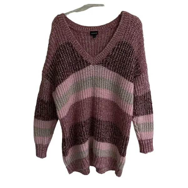 Torrid Pullover‎ Slouchy V-Neck Tunic Sweater Chunky pink ombre Stripe M/10/00 - Image 2