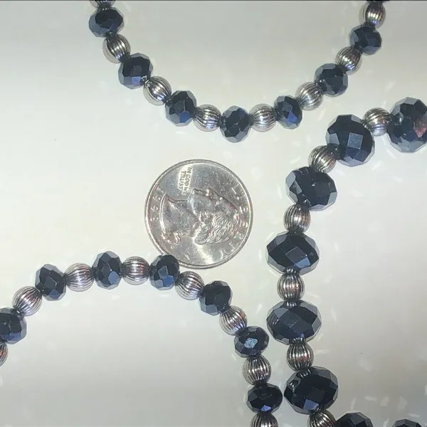 Black Metallic Faceted Bead Stretch Bracelet with Silver Tone Accent Beads - Image 3