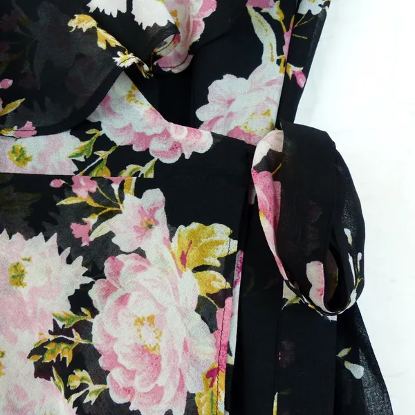 WAYF Palermo Wrap Dress Womens L Black Floral Chiffon High Low Maxi Romantic - Image 7