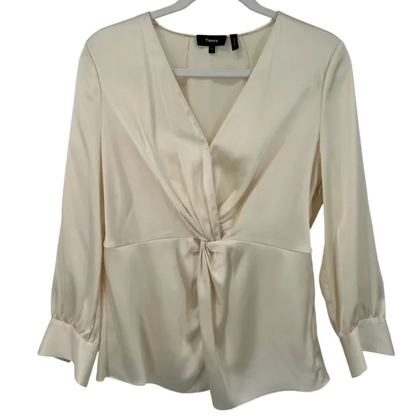 Theory Revolve Ivory Soft Satin LS Twist Blouse V-Neck‎ Long Sleeve Top Size 6 - Image 2