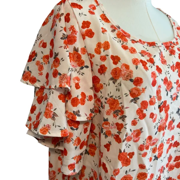 Floral Top XL Cream Orange Short Sleeve Flutter Soft Silk Coquette Feminine Boho - Image 3