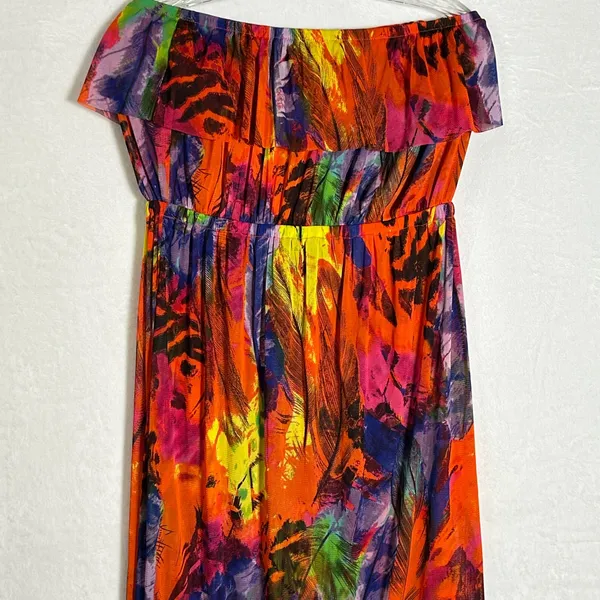 Cynthia Rowley Women Large Mesh High Low Maxi Dress Rainbow Feather Print Ruffle - Image 7
