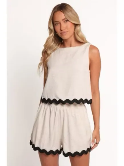 Anniewear linen set contrast trim scalloped beige tank crop top shorts neutral - Image 10