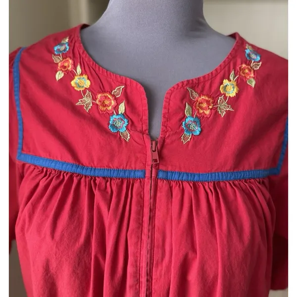 Vtg Go Softly Patio Dress XL Red Embroidered Muumuu Hippie Chic Boho Oriental - Image 5
