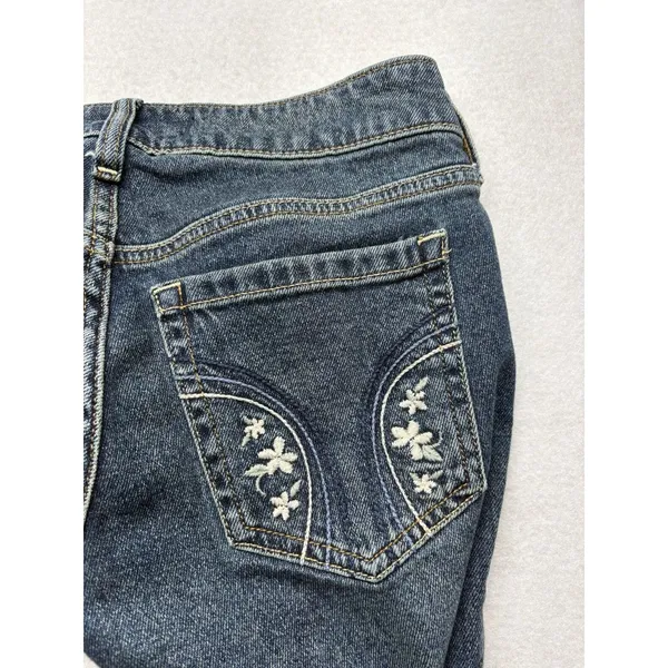 Hollister Womens Low-Rise Boot Jeans 2R W26 Regular Blue Floral Embroidered - Image 5