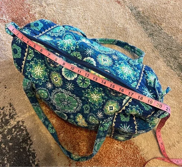 Quilted Fabric Overnight Weekend Duffle Bag Carry On Blue Yellow Floral Zip - Image 5